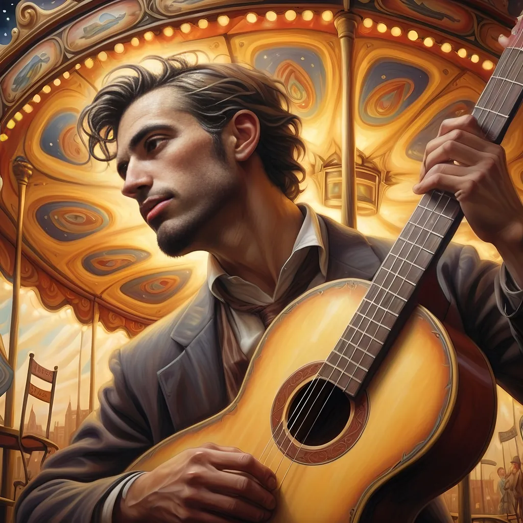 Prompt: a painting of a man holding a guitar while riding carousel Carousel of Dreams) in honor of Nuit,  in front of a carousel ride with a carousel in the background, Aaron Jasinski, fantastic realism, pj crook, a detailed painting