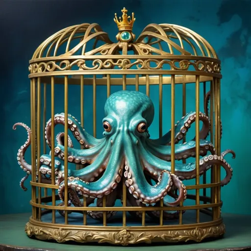 Prompt: (octopus in a cage), (gold crown on top), vibrant blue background, rich green backdrop, surrealist sculpture, infused with quirky elements, Craola’s artistic style, pop surrealism, imaginative atmosphere, captivating and whimsical vibe, highlights of intricate details, ultra-detailed composition, high-quality visual.