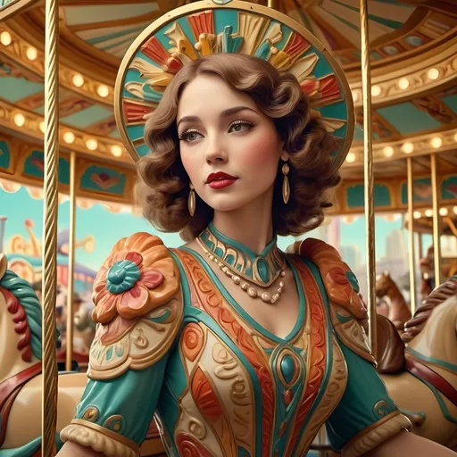 Prompt: Art deco style, (Carousel of Humanity) vibrant colors, lush and intricate design, dynamic shapes, ornate patterns, joyful atmosphere, captivating depiction of love, compassion visualized, rotating figures embodying empathy and kindness, rich decorative elements enhancing the theme, artistic masterpiece, 4K resolution, dramatic lighting emphasizing emotions.