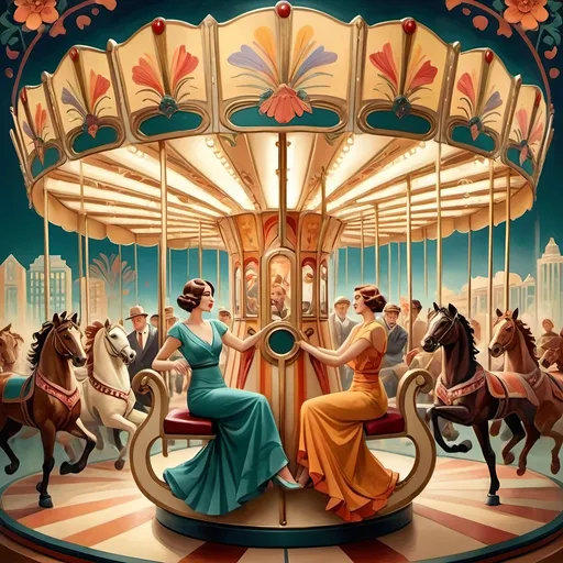 Prompt: (Art Deco style), vibrant color scheme, (Carousel of Humanity), portrait of compassion, humor and joy, human figures sharing moments of kindness, intricate patterns, geometric shapes, harmonious design, warm bright tones, petals and floral intricacies, dynamic movement, evocative atmosphere, ultra-detailed, cinematic masterpiece, expressive composition.