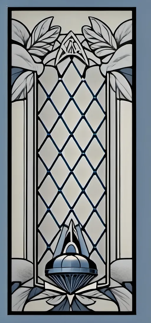 Prompt: A Seven Wonders Art Glass Studio Art Deco designed stained glass window.  Honoring Nuit.  Art Deco designed stained glass pattern of floral honoring Aeon of Horus.