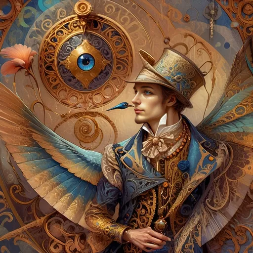 Prompt: a painting of a colorful bird with a circular background and a gold ring around it's neck and a blue eye, Android Jones, psychedelic art, highly detailed digital painting, a detailed painting