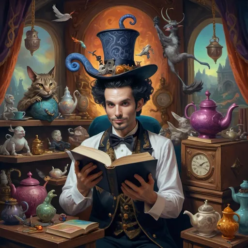 Prompt: (vibrant psychedelic still life), portrait of a magician jack-in-the-box man, surrounded by whimsical teapots and enchanting magical items, coming to life, playful ambiance, lively colors, an open book in front of him, surrealistic elements, dreamlike atmosphere, richly detailed background, (spectacular color gradients), ultra-detailed, eye-catching composition, high-quality artwork.