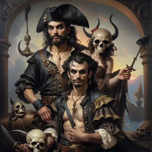 Prompt: (Renaissance oil painting "Honoring Nuit"), A highly detailed image of a pirate man and his lover dressed in ornate pirate costumes of the Conquistador period, dramatically posed together in front of a majestic ship adorned with a skull, lush vibrant colors, rich textures, mystical atmosphere, cinematic depth, featuring intricate backgrounds, a beautiful sunset sky, 4K, fantasy art influence, captures the essence of adventure and romance within this oil painted masterpiece.