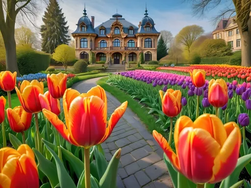 Prompt: (art nouveau style), vibrant color scheme, stunning garden of colorful tulips, lush greenery, decorative fence, charming building in the background, (rich vivid colors), (Flemish Baroque influence), artistic masterpiece, (high depth), dynamic and engaging composition, intricate details, elegant curves, enchanting atmosphere, serene ambiance, a visual celebration of nature and artistry.