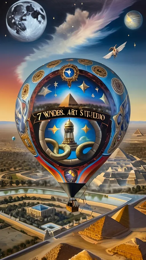 Prompt: A masterpiece oil painting of “7 Wonders Art Glass Studio” hot air balloon with a painting of a snake on it and a sky background with stars and planets honoring Nuit and Horus. Flying over Great Pyramids honoring Thoth.