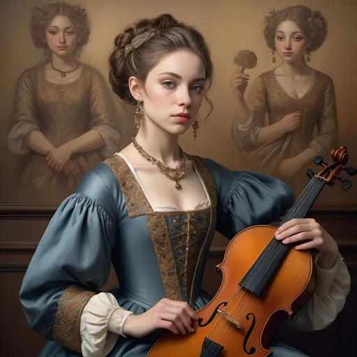 Prompt: (Renaissance-style portrait), honoring a (non-binary musician), capturing artistry and creativity, muted color scheme, rich details, soft lighting, intricate background with classical motifs, thoughtful expression, detailed attire with elegant patterns, emotive atmosphere, subtle textures, high-quality, (ultra-detailed).