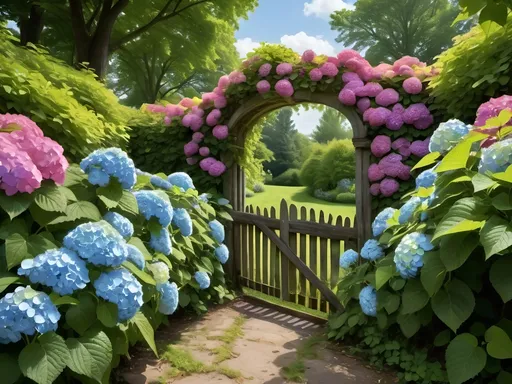 Prompt: Hydrangeas (focal subject), growing lushly in a garden, surrounded by vibrant green leaves and colorful flowers, rustic fence in the background, inspired by (rococo) elegance, infused with (Flemish Baroque) ambiance