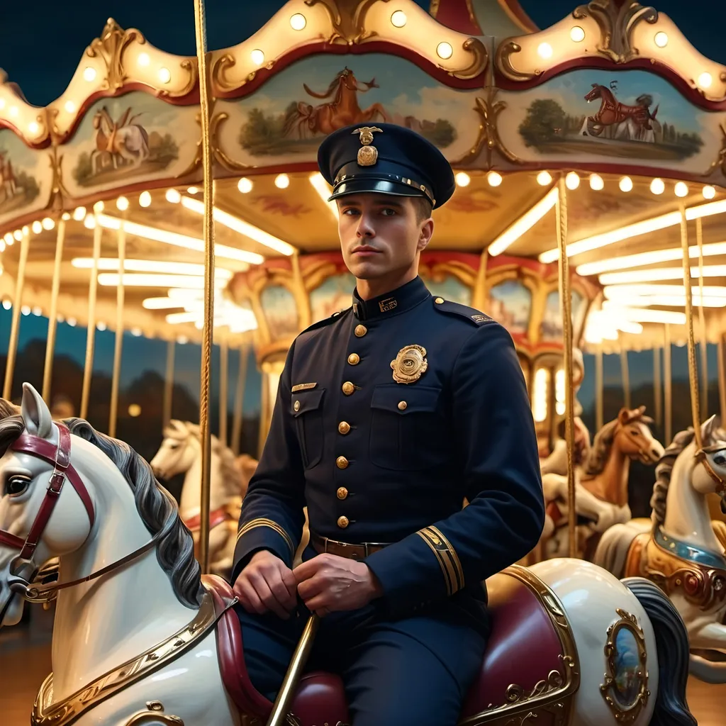 Prompt: a painting of a man in uniform on a carousel with a carousel horse in the background and a carousel with lights, Bob Byerley, fantastic realism, highly detailed oil painting, a photorealistic painting