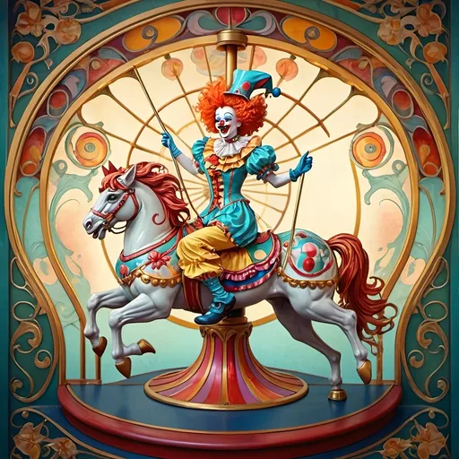 Prompt: (Art Nouveau style) vibrant color scheme, (Carousel of Humanity) joyful clown on a carousel, embodying exuberance, celestial magic intertwining with whimsical elements, intricate flowing patterns, radiant colors, lush celestial backgrounds, dynamic motion, high depth, ultra-detailed, capturing the essence of happiness and enchantment in a dreamy ambiance.