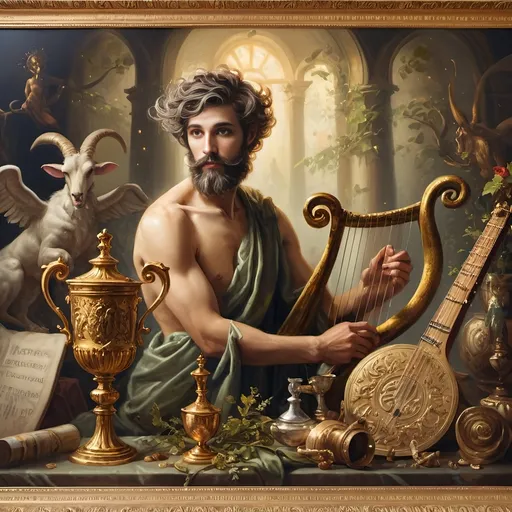 Prompt: (oil painting) Honoring Nuit, a man with a (wisdom-filled beard) holding a harp and a (rich) cup of wine, next to a (gilded golden cup), Ditlev Blunck's artisanal touch, (neoclassical elegance) with (Flemish Baroque influences). The atmosphere reflects reverence and beauty, drenched in (warm, golden tones), evoking the essence of a (divine encounter) that captures a mortal honoring the God Pan. Ultra-detailed, quintessential classical painting.