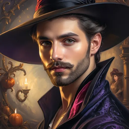 Prompt: (honoring Nuit), captivating handsome man magician with an elegant beard, wearing a pointed witch hat, (renaissance baroque painting style), facial features highlighted in detail, dark mystical background that enhances the allure, rich deep colors creating dramatic contrast, elements of Halloween celebration subtly interwoven, inviting an atmosphere of enchantment and mystery, ultra-detailed, a captivating masterpiece.