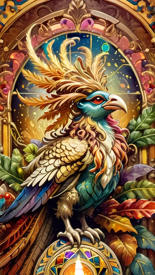 Prompt: (vibrant art nouveau still life), colorful magical painting, (intricate satyr man) with prominent horns, adorned with a festive wreath, holding a glowing candle, (ornate Christmas tree) in the background, rich intricate stained glass details, (refined porcelain influences), warm luminous lighting, lush textures, whimsical ambiance, and ultra-detailed craftsmanship that evokes the enchanting spirit of the holiday season.