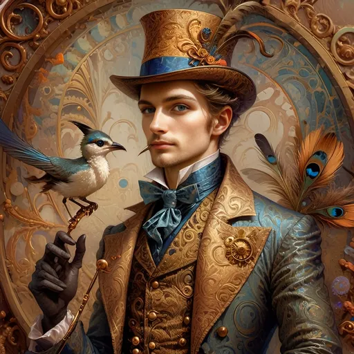 Prompt: (colorful bird), (gold ring around its neck), (blue eye), circular background, psychedelic art, vibrantly colored feathers, intricate details, swirling patterns, dynamic shapes, rich textures, high depth, highly detailed digital painting, mesmerizing effect, inspired by Android Jones, (4K), ultra-detailed masterpiece.