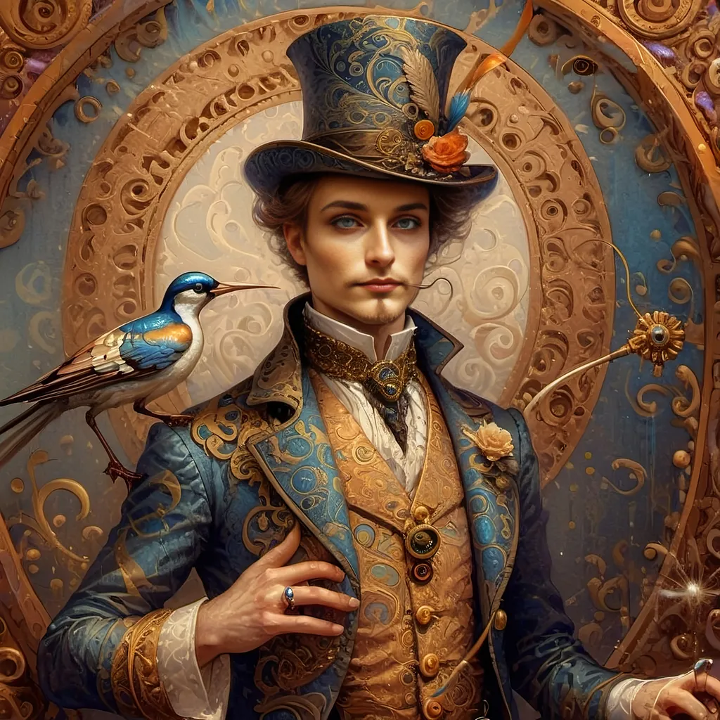 Prompt: a painting of a colorful bird with a circular background and a gold ring around it's neck and a blue eye, Android Jones, psychedelic art, highly detailed digital painting, a detailed painting