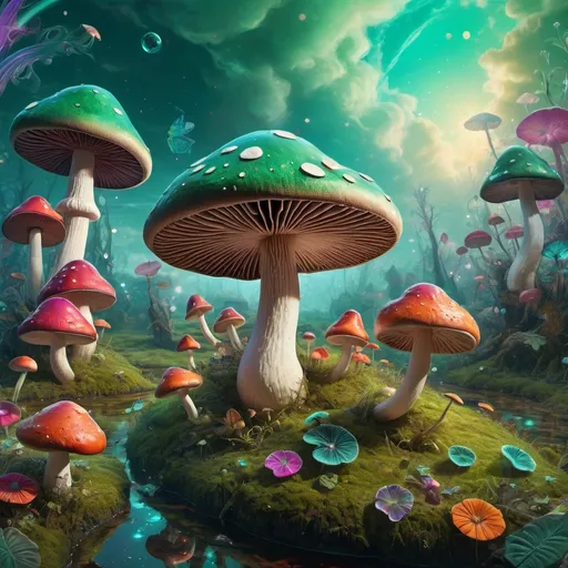 Prompt: (psychedelic mushroom) surrounded by a surreal mix of floating elements in the sky and whimsical objects on the ground, vibrant colors in greens and vivid hues, (fantasy artwork) enchanting atmosphere, dreamy and imaginative vibe, intricate details, (digital art) glowing textures, high depth and ultra-detailed, immersive scene capturing an otherworldly essence.