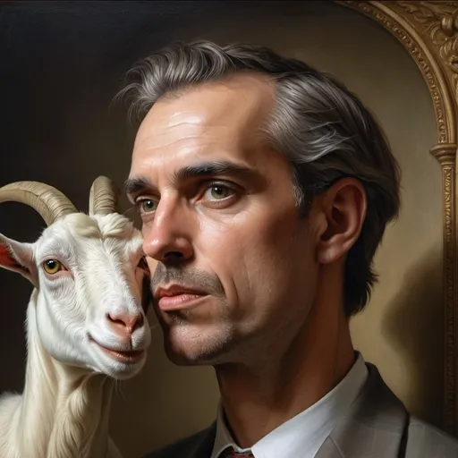 Prompt: (central content: painting of a man with a goat's head), (cigarette in mouth), (another goat's head on his side), (Dino Valls style), (neoclassicism), (extremely detailed), (oil painting), (vibrant colors), (dramatic lighting), (atmospheric depth), (photorealistic quality), (emotionally striking composition), (highly nuanced textures), (4K resolution).