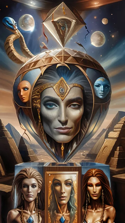 Prompt: masterpiece (oil painting), stunning hot air balloon labeled "7 Wonders Art Glass Studio", adorned with an intricate depiction of a snake, ethereal sky background filled with shimmering stars and planets, illuminating deities Nuit and Horus, soaring above the ancient Great Pyramids, symbolizing the wisdom of Thoth, vibrant colors, enchanting atmosphere, ultra-detailed, high quality.