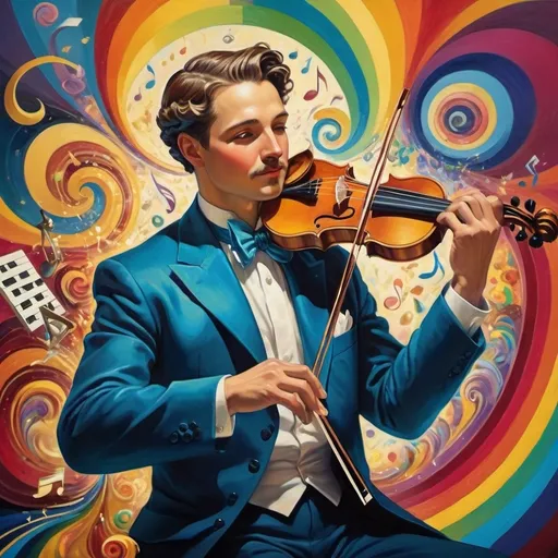 Prompt: (Hearing in Color), Art Deco style, vibrant color scheme, detailed male figure with a violin, surrounded by music-themed items, swirling rainbow in the background, renaissance still life elements, vibrant hues dancing throughout, dynamic harmony, cheerful ambiance, high depth cinematic masterpiece, ultra-detailed, evoking emotions of joy and creativity, portraying music as a vivid flow.