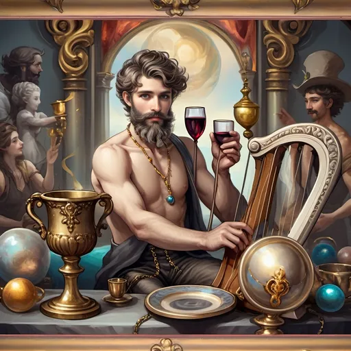 Prompt: (oil painting) Honoring Nuit, a man with a (wisdom-filled beard) holding a harp and a (rich) cup of wine, next to a (gilded golden cup), Ditlev Blunck's artisanal touch, (neoclassical elegance) with (Flemish Baroque influences). The atmosphere reflects reverence and beauty, drenched in (warm, golden tones), evoking the essence of a (divine encounter) that captures a mortal honoring the God Pan. Ultra-detailed, quintessential classical painting.