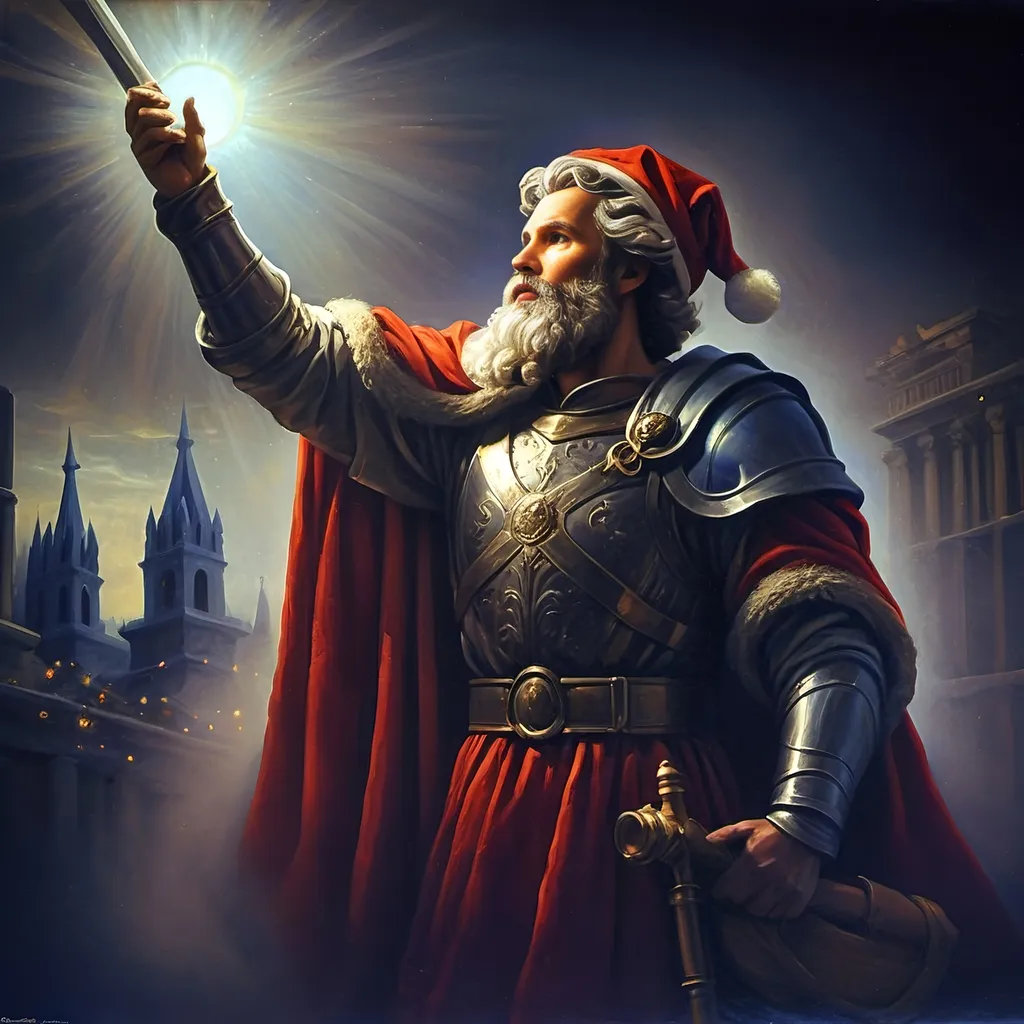 Prompt: An oil on canvas a knight dressed as a santa clause (in honor of Nuit) in a dark city with a light shining on him and a red cape, Ernest William Christmas, antipodeans, epic fantasy character art, concept art