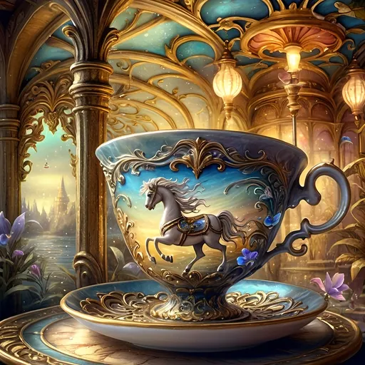 Prompt: (A Seven Wonders Art Glass Studio) oil painting, enchanted tea cup, (carousel of dreams), magical world unfolding, rich colors, whimsical atmosphere, fine detail, intricately designed porcelain with age lines and cracks, luminous lighting highlighting textures, surreal surroundings, dreamy ambiance, high depth, (ultra-detailed), evocative and imaginative scene.