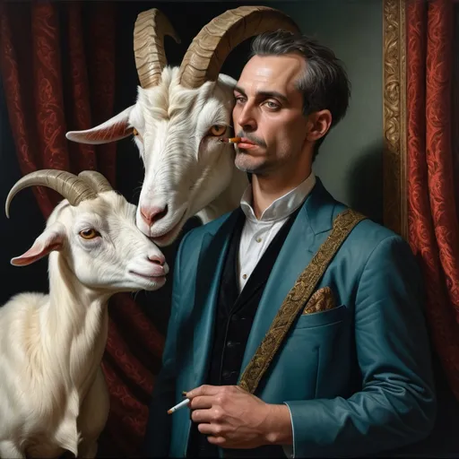 Prompt: (central content: painting of a man with a goat's head), (cigarette in mouth), (another goat's head on his side), (Dino Valls style), (neoclassicism), (extremely detailed), (oil painting), (vibrant colors), (dramatic lighting), (atmospheric depth), (photorealistic quality), (emotionally striking composition), (highly nuanced textures), (4K resolution).