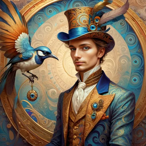 Prompt: a painting of a colorful bird with a circular background and a gold ring around it's neck and a blue eye, Android Jones, psychedelic art, highly detailed digital painting, a detailed painting