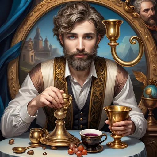 Prompt: (oil painting) Honoring Nuit, a man with a (wisdom-filled beard) holding a harp and a (rich) cup of wine, next to a (gilded golden cup), Ditlev Blunck's artisanal touch, (neoclassical elegance) with (Flemish Baroque influences). The atmosphere reflects reverence and beauty, drenched in (warm, golden tones), evoking the essence of a (divine encounter) that captures a mortal honoring the God Pan. Ultra-detailed, quintessential classical painting.