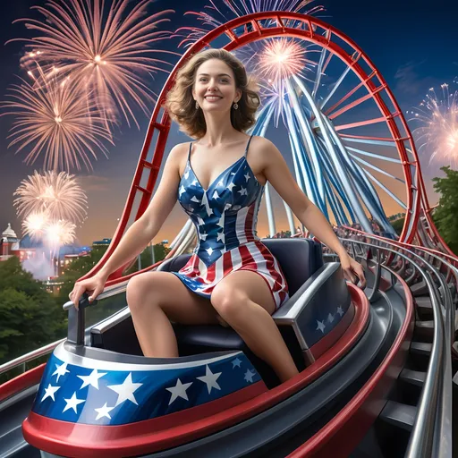 Prompt: a 7 Wonders Art Glass Studio of a woman in patriotic dress riding the rollercoaster Liberty Park, located in Washington D.C, Northern Virginia, and Maryland local attractions, with U.S.Flag themes and float in the background and fireworks in the sky, 4th of July in Liberty Park.  honoring the goddess Nuit.