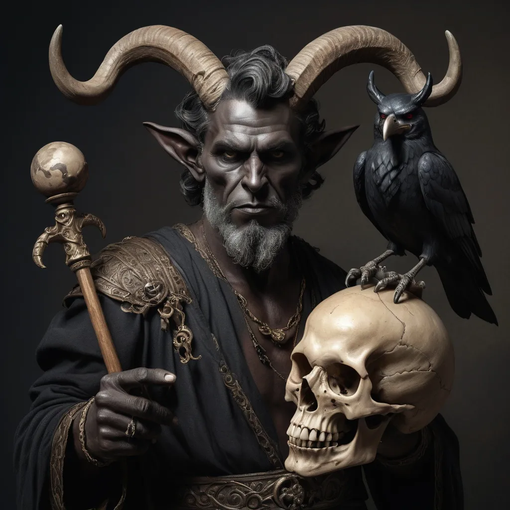 Prompt: (Renaissance still life) (man magician satyr), (dark color scheme), (elegant pose), intricately detailed horns, holding a cane topped with a (skull orb), a menacing (skull orc) at his side, a (crow) gracefully perched on his shoulder, rich textures, captivating shadows, high contrast highlights, evoking a sense of mystical allure, enhanced with (ultra-detailed) features, atmospheric depth and somber elegance.