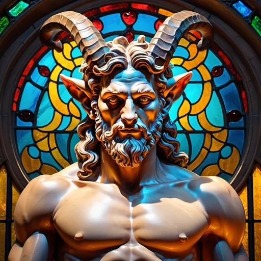 Prompt: (misc-stained glass style), statue of a man satyr with horns, goat's head on his chest, (vibrant color scheme), (highly detailed oil painting), (bronze sculpture), gothic art inspired, intricate textures, dramatic chiaroscuro lighting, rich color depth, marvelous craftsmanship, captivating atmosphere, art showcasing mythological themes, ultra-detailed, 4K resolution.