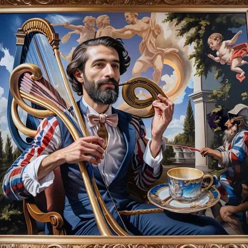 Prompt: (honoring Nuit) oil painting, (Ditlev Blunck style), neoclassical aesthetics, classical painting, flemish Baroque influence, a man with a beard holding a harp, a cup of wine, a golden cup beside him, capturing a mortal honoring the God Pan, rich colors, warm lighting, stunning detail, ethereal ambiance, 4K, ultra-detailed masterpiece, surrounded by a serene, heavenly setting.