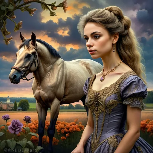 Prompt: (Honoring Nuit), highly detailed (oil painting), thoroughbred horse (majestic posture) on a Kentucky farm, stunning evening dusk lighting, soft illuminated clouds, warm hues of orange and purple blending over fields, rich textures of horse's coat, serene rural landscape (tranquil atmosphere), lush greenery in the background, ultra-detailed, artistic masterpiece showcasing equine beauty at sunset.