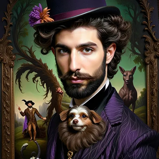 Prompt: (honoring Nuit), moon and stars) captivating handsome man magician, pointed witch hat, facial features highlighted, elegant beard, (renaissance baroque painting style), dark mystical background, rich deep colors with dramatic contrast, elements of Halloween celebration in still life arrangement, enigmatic ambiance, intricate shadows and light, (highly detailed), evoking intrigue and enchantment.