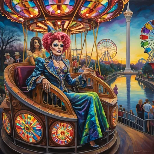 Prompt: (oil painting), psychedelic, a mesmerizing (Drag Queen magician) with an elaborate costume, riding a stunning Ferris Wheel crafted from colorful stained glass, a child sitting in his lap, drag queen story hour, vibrant and surreal, set in D.C.'s Liberty Amusement Park, iconic D.C. monuments and attractions in the backdrop, dramatic lighting, rich colors, ultra-detailed and dynamic composition.