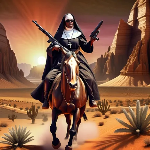 Prompt: (A oil masterpiece) A black nun riding a majestic horse, gripping a gun, fiercely defending against alien desert creatures, vast desert landscape, surreal celestial elements, homage to Nuit, warm earthy tones, contrasting vibrant colors, dramatic lighting, (highly detailed), capturing intense emotions and a sense of adventure, (7 Wonders Glass Art Studio), ultra-detailed, (cinematic).