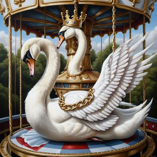 Prompt: a white swan on a carousel with a crown on its head and a gold chain around its neck and neck, Anne Stokes, pop surrealism, highly detailed oil painting, an ultrafine detailed painting