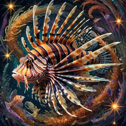 Prompt: (lion fish surrounded by fish around its neck and head), (psychedelic art), vibrant colors, swirling stars, ultra-detailed digital painting, mesmerizing airbrush effects, intricate patterns, dreamlike atmosphere, dynamic movement, cosmic background, evoking wonder and surrealism, (Android Jones style), high-quality 4K illustration, captivating visuals.