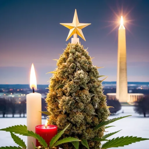 Prompt: a marijuana flowering bud decorated as a christmas tree with candles and a star above it with a snowy landscape in the background and a lit candle with Washington monument