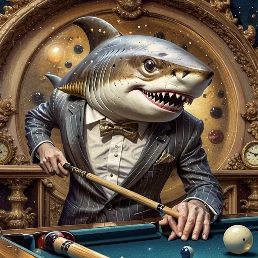 Prompt: (shark in a suit) playing pool, pool cue and ball in front, (F. Scott Hess style), (pop surrealism), enriched classical painting techniques, fine art masterpiece, luminous glass textures, intricate details, vibrant color palette, dynamic composition, warm and inviting ambiance, evoking whimsy and creativity, honoring Nuit, high artistic quality, 4K resolution.