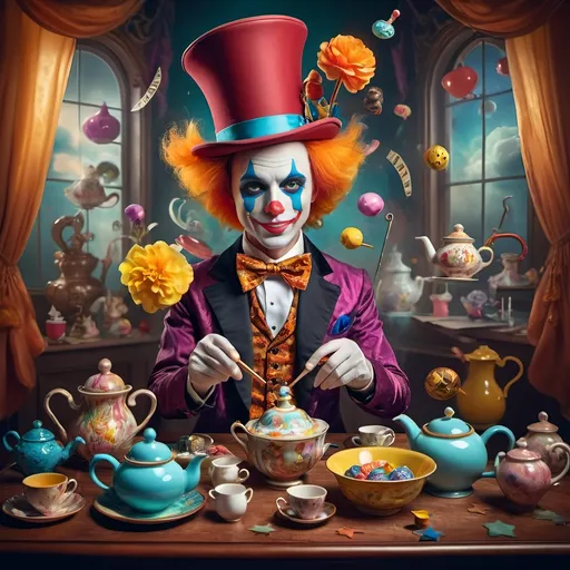 Prompt: (Still life portrait) of a magician jack-in-the-box man, (psychedelic style), vibrant color scheme, surrounded by whimsical teapots and floating magical items, colorful tea party atmosphere, (open book) in front, enchanting details unfolding, dreamy background, magical surrealism, explosive color contrasts, (ultra-detailed) composition, captivating light effects, cheerful yet enchanting mood, an exploration of imagination and wonder.