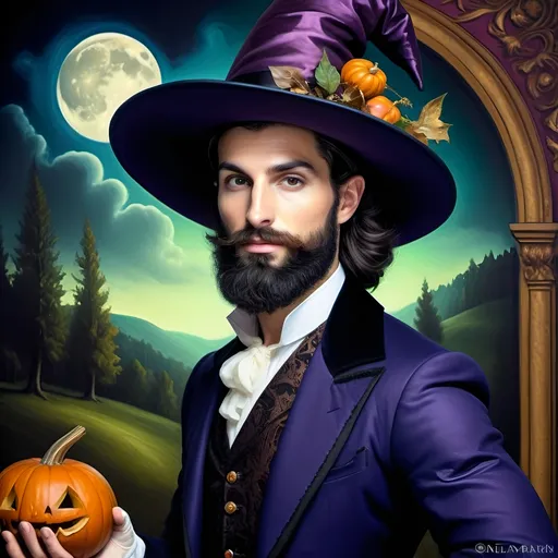 Prompt: (honoring Nuit), captivating handsome man magician with an elegant beard, wearing a pointed witch hat, (renaissance baroque painting style), facial features highlighted in detail, dark mystical background that enhances the allure, rich deep colors creating dramatic contrast, elements of Halloween celebration subtly interwoven, inviting an atmosphere of enchantment and mystery, ultra-detailed, a captivating masterpiece.