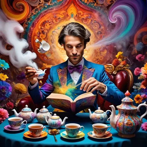 Prompt: (psychedelic still life portrait), vibrant colors, (magician jack-in-the-box man), whimsical tea party ambience, enchanting teapots, magical items animated around him, open book in front, dreamy and surreal atmosphere, intricate details, flowing patterns, mesmerizing depth, an explosion of colors, high-definition masterpiece, captivating and playful vibe.