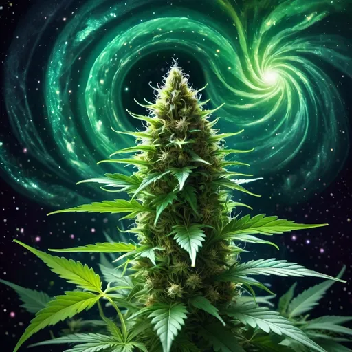 Prompt: (Nuit influence) marijuana plant, swirling background with radiant stars, (spiral of light above), vibrant Art Green colors, cosmic atmosphere, deep-space visuals, captivating galaxy details, poster art style, engaging celestial elements creating a sense of whimsy, ultra-detailed, high resolution, dreamlike ambiance reflecting the tranquility of the cosmos.