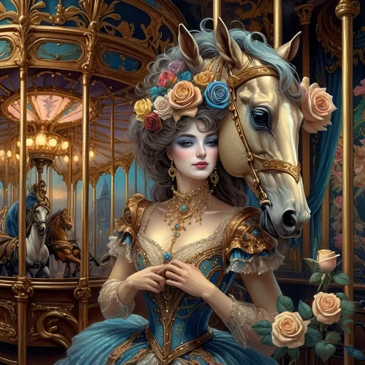 Prompt: Art Nouveau Carousel scene, (elegant woman with horse), (vibrant roses), soft pastel color scheme, (hues of gold and azure), romantic and whimsical atmosphere, detailed decorative elements, intricate designs, enchanting background featuring the (beautiful carousel), ethereal lighting, showcasing the beauty of Nuit, (ultra-detailed, 4K), dreamlike imagery blending nature and artistry.