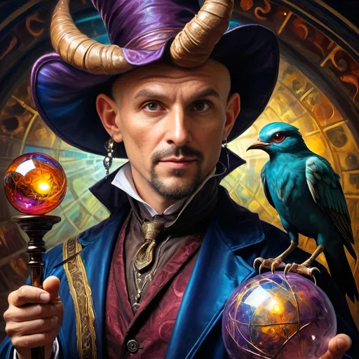 Prompt: (A fine art oil painting) by Seven Wonders Art Glass Studio, (magician man) with a (horned head), (bird on his shoulder), holding a cane and a glowing ball, inspired by Clint Cearley, (fantasy art), rich colors, intricate details, dramatic lighting, mystical atmosphere, character portrait emphasizing the essence of Pan and Nuit, ultra-detailed, vibrant background reflecting magical elements, imaginative and enchanting setting.