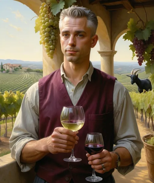 Prompt: a painting of a man holding grapes and a goat with a wine glass in his hand and a painting of a vineyard behind him, Donato Giancola, figurative art, highly detailed digital painting, a photorealistic painting