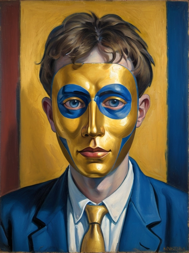 Prompt: a man wearing a blue and gold mask and a white shirt with a gold and blue design on it, Bernie D’Andrea, neo-fauvism, renaissance oil painting, a flemish Baroque