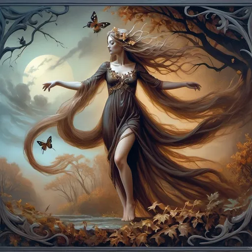 Prompt: (Honoring Nuit, Autumn Equinox), (Renaissance style), woman depicted as nature, flowing dress, butterfly in hair, rich and dark color palette, lush foliage backdrop, mood of serenity and mystery, intricate details in hair and dress, soft chiaroscuro lighting, evocative atmosphere, ultra-detailed, masterful composition, capturing the essence of autumn transition.